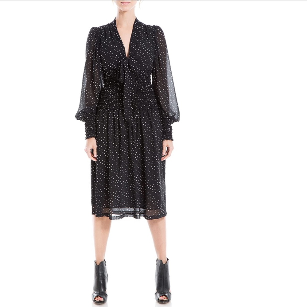 NEW MAX STUDIO Black CHIFFON Smocked Waist POLKA DOT Neck Tie MIDI DRESS XS - Picture 8 of 11